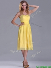 Discount Pleated Yellow Chiffon Prom Dress in Tea Length