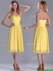 Discount Pleated Yellow Chiffon Prom Dress in Tea Length