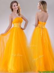 Elegant A Line Beaded Tulle Gold Dama Dress with Lace Up