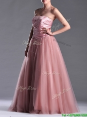 Elegant A Line Tulle Beaded Long Prom Dress in Peach