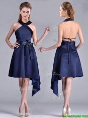 Elegant Halter Top Asymmetrical Navy Blue Prom Dress in Satin Elegant Halter Top Asymmetrical Navy Blue Prom Dress in Satin