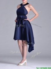 Elegant Halter Top Asymmetrical Navy Blue Prom Dress in Satin
