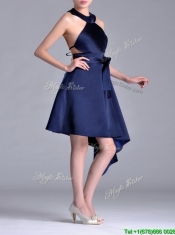 Elegant Halter Top Asymmetrical Navy Blue Prom Dress in Satin
