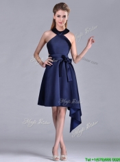 Elegant Halter Top Asymmetrical Navy Blue Prom Dress in Satin