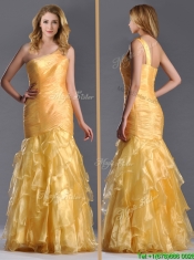 Elegant Mermaid One Shoulder Organza Ruffled Prom Dress in Gold Elegant Mermaid One Shoulder Organza Ruffled Prom Dress in Gold