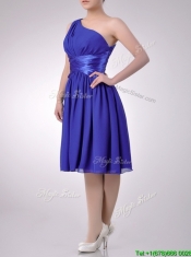 Elegant One Shoulder Chiffon Blue Dama Dress with Side Zipper