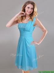 Elegant One Shoulder Ruched Chiffon Prom Dress in Aqua Blue