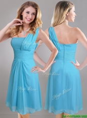 Elegant One Shoulder Ruched Chiffon Prom Dress in Aqua Blue