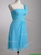 Elegant One Shoulder Ruched Chiffon Prom Dress in Aqua Blue