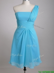Elegant One Shoulder Ruched Chiffon Prom Dress in Aqua Blue