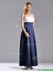 Elegant Strapless Ankle Length Prom Dress in Navy Blue and White