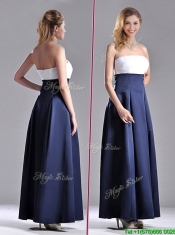 Elegant Strapless Ankle Length Prom Dress in Navy Blue and White