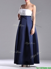 Elegant Strapless Ankle Length Prom Dress in Navy Blue and White