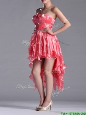 Elegant Strapless High Low Beaded Decorated Waist Prom Dress in Coral Red