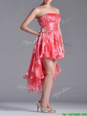 Elegant Strapless High Low Beaded Decorated Waist Prom Dress in Coral Red