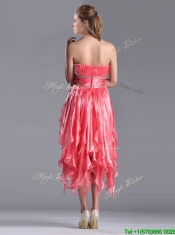 Elegant Strapless High Low Beaded Decorated Waist Prom Dress in Coral Red
