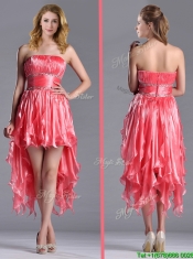 Elegant Strapless High Low Beaded Decorated Waist Prom Dress in Coral Red