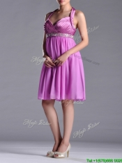 Empire Halter Knee-length Beaded Short Dama Dress in Lilac