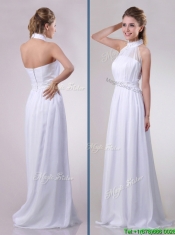 Empire Halter Top Applique Decorated Waist White Prom Dress in Chiffon