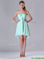 Empire Straps Apple Green Ruching Short Dama Dress in Chiffon