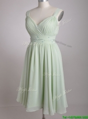Exclusive Beaded and Ruched Apple Green V Neck Prom Dress in Chiffon