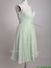 Exclusive Beaded and Ruched Apple Green V Neck Prom Dress in Chiffon