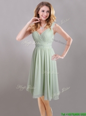Exclusive Beaded and Ruched Apple Green V Neck Prom Dress in Chiffon