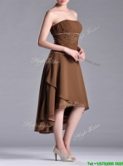 Exclusive Beaded Strapless High Low Brown Prom Dress in Chiffon