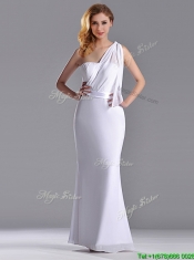 Exclusive Column White Chiffon Backless Prom Dress with One Shoulder