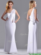 Exclusive Column White Chiffon Backless Prom Dress with One Shoulder