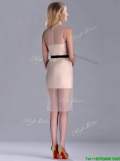 Exclusive High Neck Organza Champagne Prom Dress with Black Belt