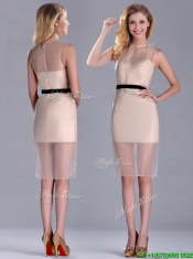 Exclusive High Neck Organza Champagne Prom Dress with Black Belt