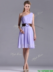 Exclusive One Shoulder Lavender Short Prom Dress with Brown Belt