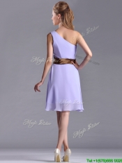 Exclusive One Shoulder Lavender Short Prom Dress with Brown Belt