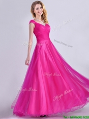 Exclusive Organza Beaded Top Hot Pink Prom Dress with Cap Sleeves