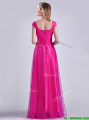 Exclusive Organza Beaded Top Hot Pink Prom Dress with Cap Sleeves