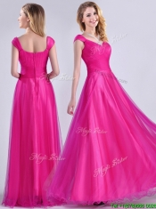 Exclusive Organza Beaded Top Hot Pink Prom Dress with Cap Sleeves