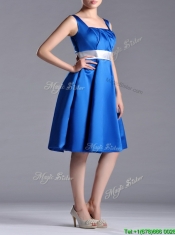Exquisite Empire Square Taffeta Blue Prom Dress with White Belt