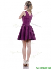 Exquisite V Neck Taffeta Purple Prom Dress with Handcrafted Flowers