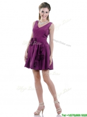 Exquisite V Neck Taffeta Purple Prom Dress with Handcrafted Flowers