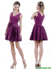Exquisite V Neck Taffeta Purple Prom Dress with Handcrafted Flowers