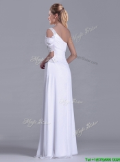 Fashionable Empire One Shoulder Beaded White Long White Dama Dress for Holiday