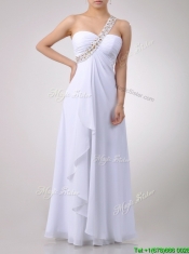 Fashionable Empire One Shoulder Chiffon Side Zipper White Dama Dress with Beading
