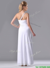 Fashionable Empire One Shoulder Chiffon Side Zipper White Dama Dress with Beading