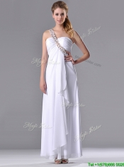 Fashionable Empire One Shoulder Chiffon Side Zipper White Dama Dress with Beading