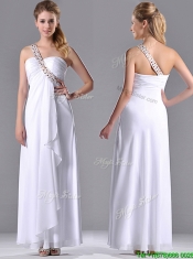 Fashionable Empire One Shoulder Chiffon Side Zipper White Dama Dress with Beading