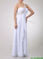 Fashionable Empire One Shoulder Chiffon Side Zipper White Dama Dress with Beading