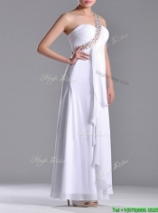 Fashionable Empire One Shoulder Chiffon Side Zipper White Dama Dress with Beading