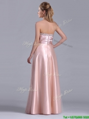 Fashionable Strapless Peach Long Dama Dress with Beaded Bodice