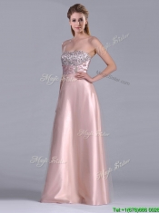 Fashionable Strapless Peach Long Dama Dress with Beaded Bodice